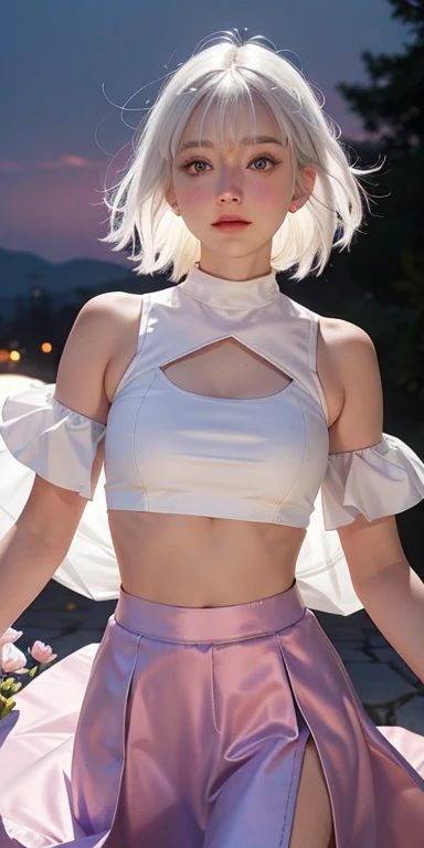 actual, 1 woman, white hair, purple eyes, glowing eyes, crop top, skirt, open, blush, night, flowers, sun, sunlight,