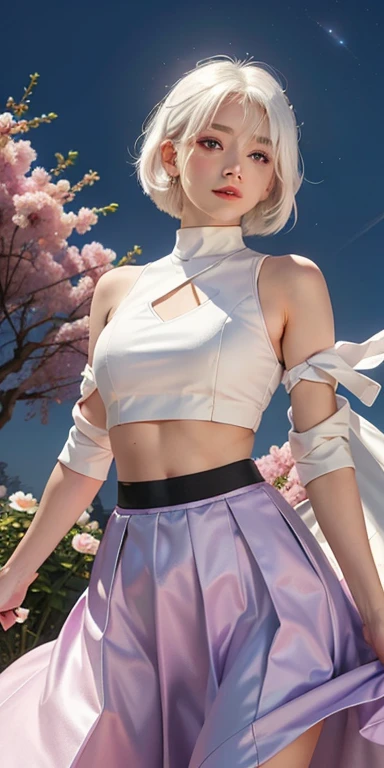 actual, 1 woman, white hair, purple eyes, glowing eyes, crop top, skirt, open, blush, night, flowers, sun, sunlight,