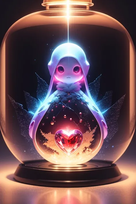 Anthropomorphic Translucent cute alien robot discovering a colossal red crystal heart beneath a festively adorned Christmas tree, surrounded by glowing snowflakes casting vibrant reflections, captured with stunning visual clarity and a broken glass effect,...