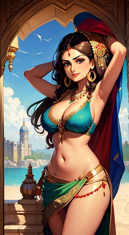 Oil painting of Huma Qureshi as a rajput princess , young, beautiful, large breasts, wearing an ornate sleeved choli and a ghagra, deep cleavage, midriff and belly button visible, wearing ornaments, bindi, nose ring, necklace, long earrings , bangles, stan...