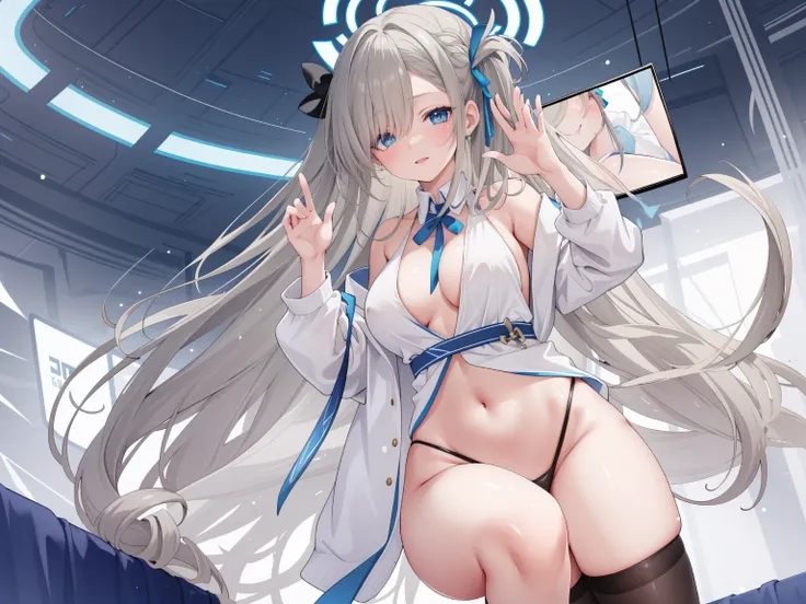 (high resolution), (The best resources), (high quality), (masterpiece), 1 plump girl, Asuna, blue eyes, long gray hair, halo, hair covering one eye, very long hair, light brown hair, (, Cracked Contrast Glue High Socks, Red latex, praying hands logo, looki...