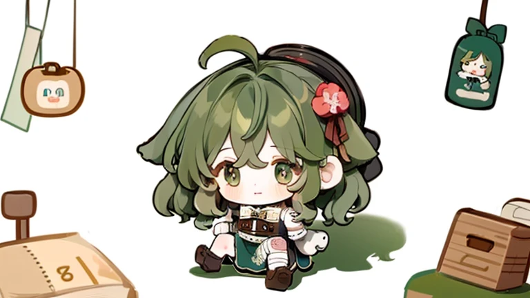 (a girl,a chibi,cute,a head-to-body ratio,dressed in,mittens,curly,very elaborate,exquisite,shift knot,ruffles,ribbon,bandages,light-green hair,design Q version)