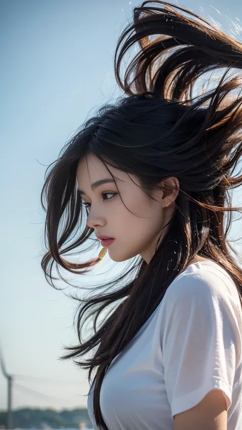 (8k、raw photography、Highest quality、Masterpiece:1.2)、(realistically、Virtual image:1.37)、very detailed、Ultra high resolution、1 white girl、Beautifully detailed face、big, full breasts, sea、seen from the side、half body、((((Long hair blowing in the wind))))、(((...