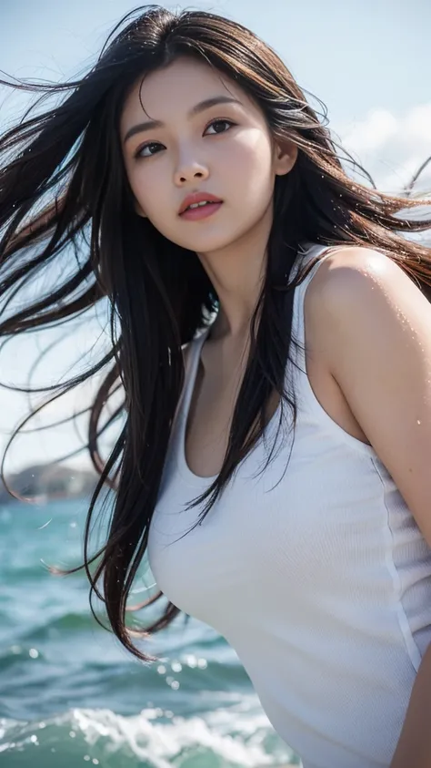 (8k、raw photography、Highest quality、Masterpiece:1.2)、(realistically、Virtual image:1.37)、very detailed、Ultra high resolution、1 white girl、Beautifully detailed face、big, full breasts, sea、seen from the side、half body、((((Long hair blowing in the wind))))、(((...