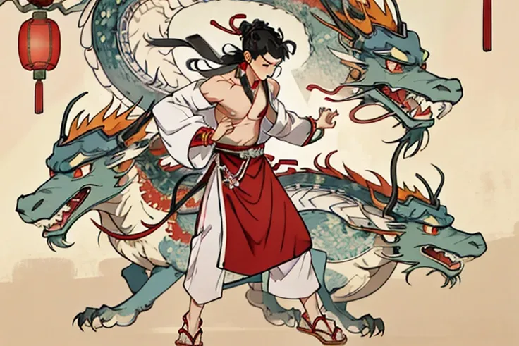 Best quality, 4K, One, (anime: 1.2), (nipple: 1.2), male, minor, with a Chinese dragon horn on his head, earrings, wrist bracelets ankle rings: 0.8), ancient chinese style, (Whole body: 0.2), (bare shoulder: 0.8), skin with long hair: 1.5), dance moves