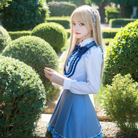 long blonde hair　Slender Beautiful Girl　gothic lolita clothes　garden　　blue eyes　lift up skirt