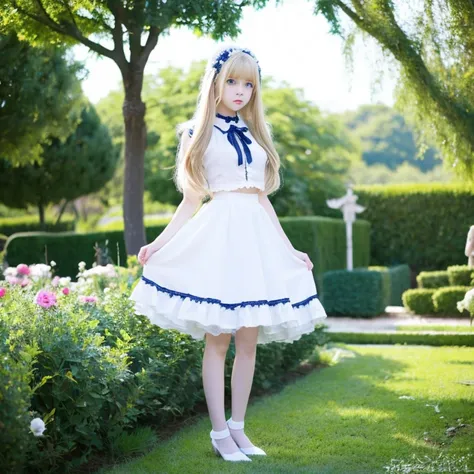 long blonde hair　Slender Beautiful Girl　gothic lolita clothes　garden　　blue eyes　lift up skirt　white panties　standing ceremony