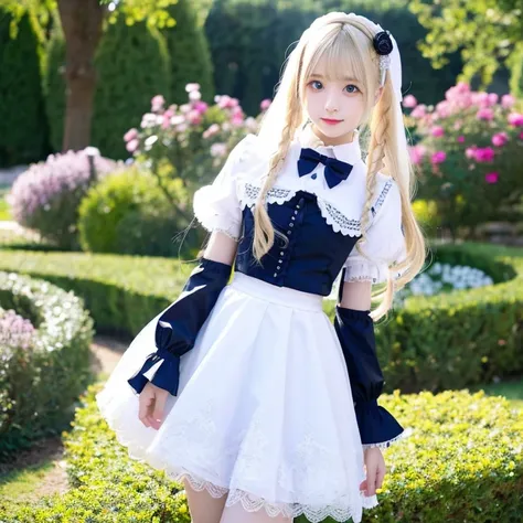 beautiful long blonde hair　Slender Beautiful Girl　gothic lolita clothes　garden　　blue eyes　lift up skirt　white panties　standing ceremony