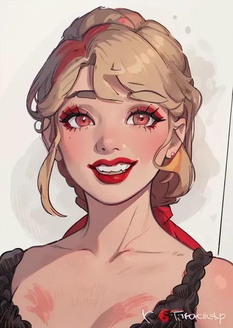 a close up of a woman with a red lipstick and a black dress, cheeky smile with red lips, up face with 1 9 2 0 s hairstyle, red lips, sexy lips :5 stylish, sexy red lips, luscious red lips, both have red lips, perfect face ), light-red lips, faint red lips,...