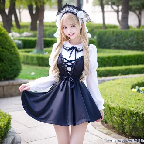 beautiful long blonde hair　Slender Beautiful Girl　gothic lolita clothes　garden　　blue eyes　lift up skirt　black panties　standing ceremony　Beautiful smile　White headdress