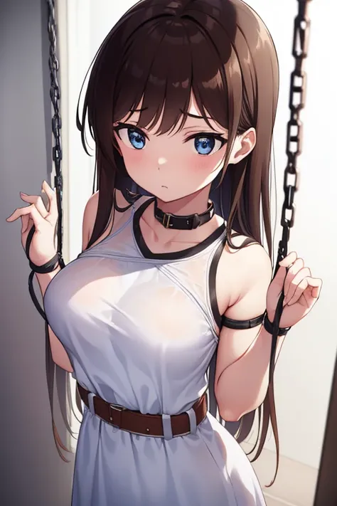 (masterpiece)), ((best quality)), (ultra-detailed), NSFW, ((torture chamber)),a cute girl, 1girl, solo, (white mini tanktop dress),(chain bound arms), (both hands are bound and is hung from the ceiling),bdsm,shibari,restrained,((thin waist)),(((single belt...