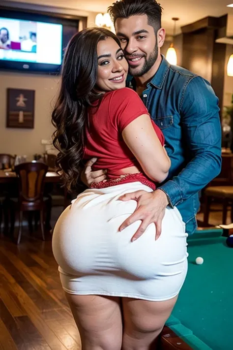 xlteen, fully clothed, sfw, Latina, bbw, voluptuous, a latina woman with wide hips, thick thighs, a huge ass, sexy dress, party setting,  guy and girl are playing Billiards, guy  holding her from behind, guy  grabbing her big ass, guy  groping her ass, she...