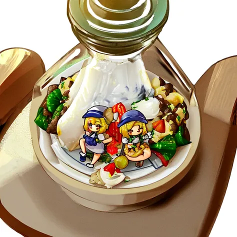 [(White background:1.4)::5],(chibi:1.3),bottom of bottle,lighthouse,seat,platform,(gourmet food:1.8)