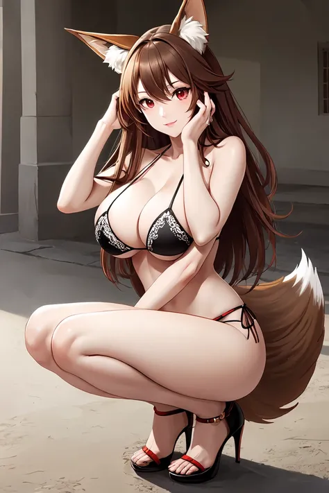 (best quality,Unparalleled masterpiece:1.4),Ultra-detailed CG 4K,brown hair，red eyes，There are fox ears on the head， Loose bikini，High heel，huge，rendering，huge，squat on the ground