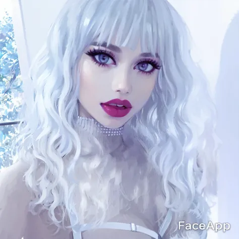 araffe with white hair and a choke and a choker, perfect white haired girl, white bangs, long white hair and bangs, white curly hair, white-hair pretty face, white fringy hair, curly white hair, hair whitebangs hair, china doll face, porcelain white face, ...