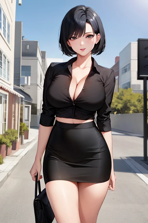 (8k, RAW photo, best quality, masterpiece:1.2),1girl,solo,short hair,black hair,black shirt,,red skirt,pencil skirt,breasts,cleavage,looking at viewer, outdoors,school,