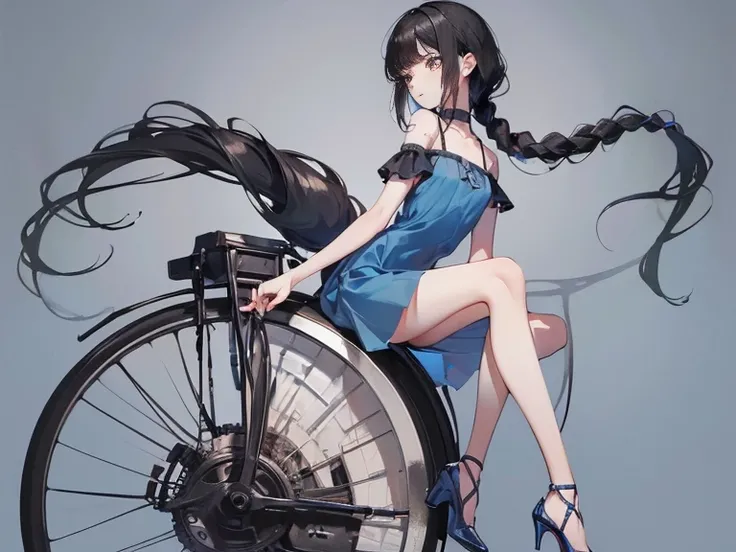 (black-haired girl,thin, braided pigtails, long hair, small face, thin, bare legs, blue high heels, sullen complexion, thin, poor milk supply, very small chest, tall, cute, light blue dress, very slender legs, square grid, best quality, masterpiece)