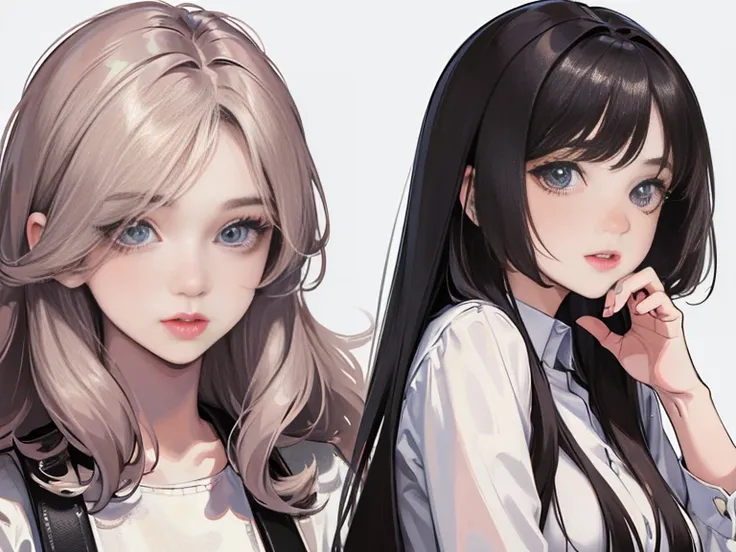 (best quality, masterpiece:1.2), ultra-detailed, realistic:1.37, illustrations, 2 girls, hair color, bangs, hairstyle reference, eyes, change of environment, hairstyle reference, various poses, distorted girl, shirt fashion, stars, Chartung Enbethalora,  b...