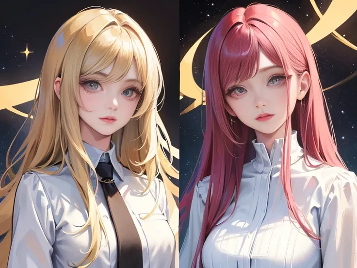 (best quality, masterpiece:1.2), ultra-detailed, realistic:1.37, illustrations, 2 girls, hair color, bangs, hairstyle reference, eyes, change of environment, hairstyle reference, various poses, distorted girl, shirt fashion, stars, Chartung Enbethalora,  b...