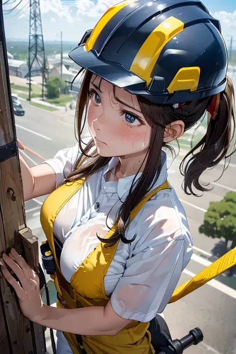 (8K), (best quality), (muste piece: 1.2)　　climbing a telephone pole　((sweaty)) Cute female electrician　（painful expression）((look down from a high place))　(((electrical work clothes))) (Wearing a helmet)