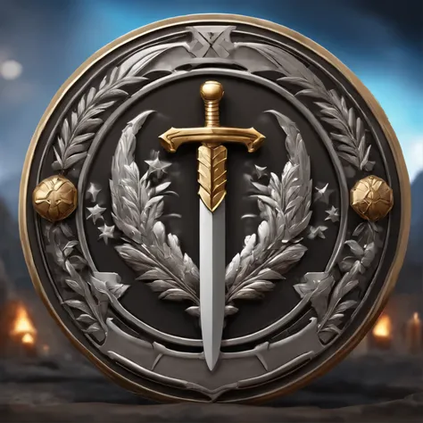 （Game achievement badge design），silver medal，Flat 2D effect，Wheat ears，(There  a sword in the center of the medal、There  an icon at the intersection of a hammer and a wrench)、sword and sorcery