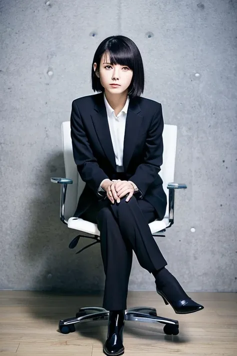 There was a woman wearing a suit sitting on a chair., girl in a suit, girl in a suit, Yoshitomo Nara, wearing a business suitいる, with short hair, kiyoko suzuki, ayamin to whom, Mayuri Shiina portrait, kaoru mori, wearing a business suit, aoi ogata　take off...