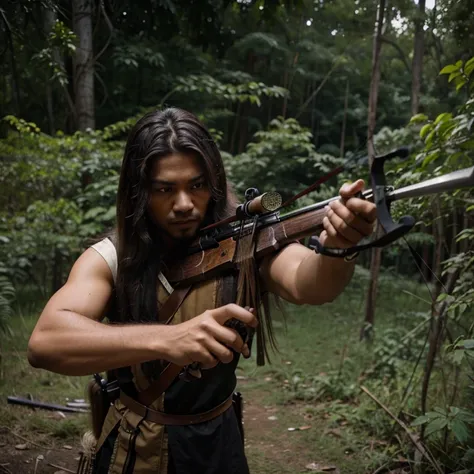 Malay men with medium long hair is hunting use crossbow like movie action 