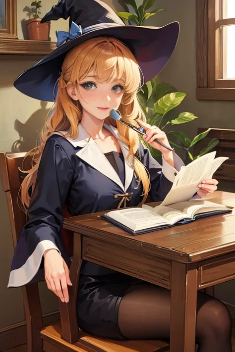 (best quality,4k,8k,highres,masterpiece:1.2),ultra-detailed,(realistic,photorealistic,photo-realistic:1.37),catgirl,witch,indoors,wooden desk,sitting on a wooden chair,writing,potted plants,magic hat,magic wand,seaside