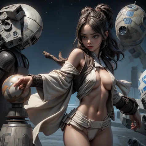 ((Star Wars)), young female exposed, nsfw, bare chested, exposed breast, exposed navel, exposed boobs, (star Wars enviroment)((Star_Wars))