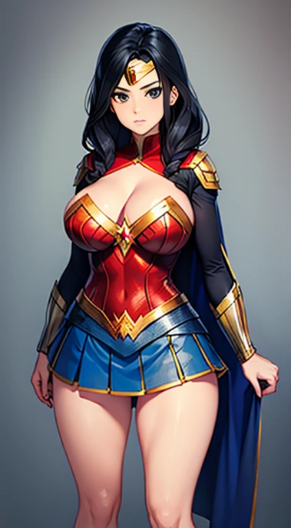 Standing,black eyes, with black hair, wonder woman costume, massive sized boobs,thigh legs, short wonder woman skirt,