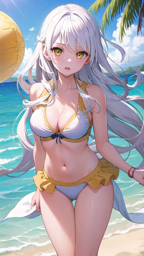 masterpiece, best quality, 1 solo girl, white hair, yellow eyes, long hair, medium breasts, mature body and face, wavy hair, white bikini, scarf, beach, white sand, beach ball, summer, leg up, cowboy shots, detailed body, face, and eyes, sharp focus, vibra...