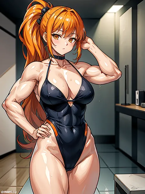 （（（masterpiece、Highest image quality、highest quality、highly detailed unity 8ｋwallpaper）））、（（Illustration of one girl））、（（（beautiful girl）））、（（orange hair、side ponytail、orange eyes））、（stocky build：1.2, thickset physique, muscular legs, broad shoulders, soli...