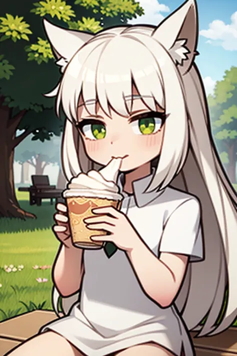 A white haired girl with green eyes and white wolf ears and a white wolf tail is eating ice cream in the park
