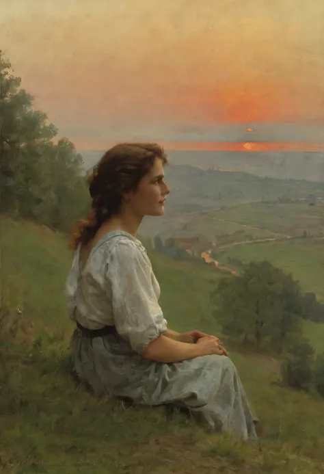 Sonnen Untergang, Woman sits on a hill, With your back to the viewer ,Nackt , Beautiful, Blickt in die Ferne, Heimat