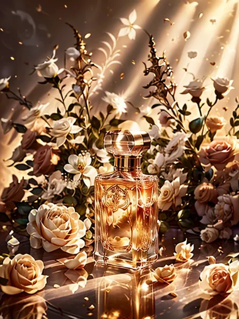 Create a luxurious and alluring photograph that captures the essence of our sweet rose perfume. Set the stage with a lavish, golden-hued background and soft, diffused lighting to evoke a sense of opulence. Place an exquisitely designed perfume bottle promi...