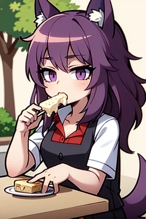 a purple haired girl with purple eyes and purple wolf ears and a purple wolf tail is eating ice cream in the park