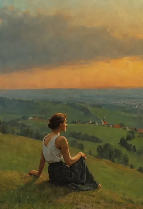 Sonnen Untergang, Woman sits on a hill, With your back to the viewer ,Nackt , Beautiful, Blickt in die Ferne, Heimat,Deutschland,Kreidefelsen,to reprimand,