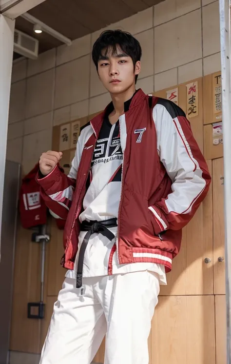 1boy, seong taehoon,short hair, black hair, handsome, black eyes, wearing taekwondo clothes, wearing a red jacket, realistis, 70mm