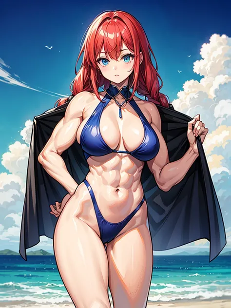 （（（masterpiece、Highest image quality、highest quality、highly detailed unity 8ｋwallpaper）））、（（Illustration of one girl））、（（（beautiful girl）））、（（red hair、Braid、sidelocks：1.2、blue eyes））、（（（stocky build：1.3, thickset physique, muscular legs, broad shoulders, s...