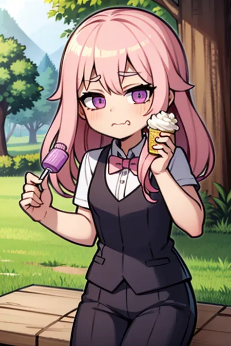 A pink haired boy with violet eyes is eating ice cream in the park