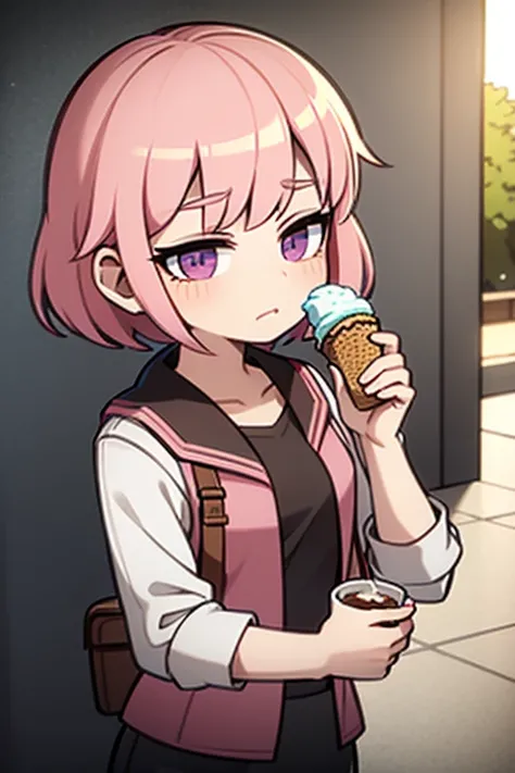 A pink haired boy with short hair with violet eyes is eating ice cream in the park
