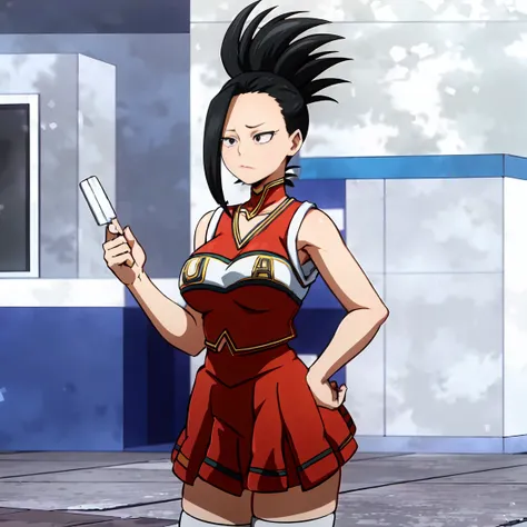 "yaomomo wearing a white miniskirt with red thigh-highs which reach the hips, a black top with off-the-shoulder sleeves and gold...