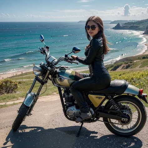 1 garota de Mini saia curta, sentada, vista traseira, ela sentada de costas 🍑em cima de um, motocicleta 🏍️ mordena potente,cor prata frente ao mar