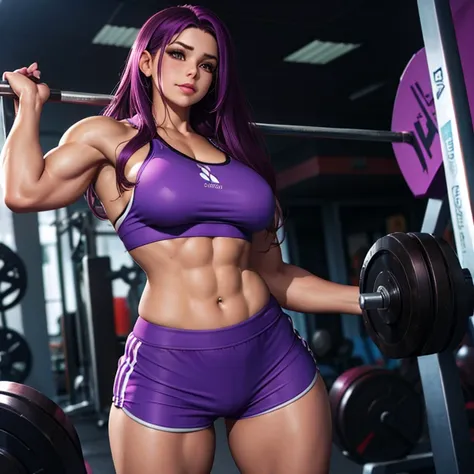 Hermosa Venus de cabello morado ondulado cuerpo muscular senos perfectos top y shorts de gym sudorosa en el gym cara agotado 