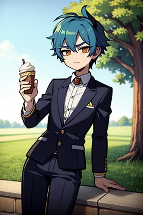 A blue haired handsome dragon  boy with short hair with golden eyes and golden horns  and a  blue tail is eating ice cream in the park in a suit
