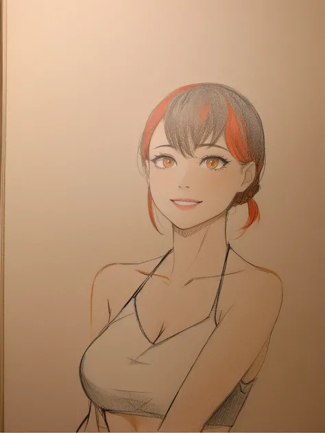 high quality，Drawing of a woman with red hair and black top, orange eyes