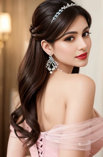 Lebanese woman, diamond dangling earrings, necklace, bracelets, small breasts, 40 years old, smokey eyes, cleavages, red lips, innocent face, pink Quinceanera ball gown, stylish hairstyle, posing, modeling, off-shoulder 