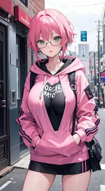 1girl, pink hair, green eyes, big boobs, glasses, Hoodie, 1 hand in pocket, buckle, katanas, slut