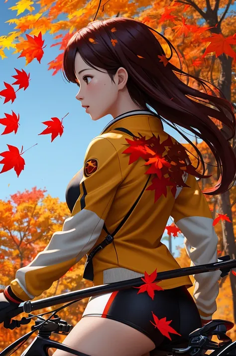 red yellow maple leaves in the air, blue sky, autumn leaves falling, Cycling girl backview, surrounded by leaves floating in the air, strong wind effect, octane render, intricate, (best quality, masterpiece, Representative work, official art, Professional,...