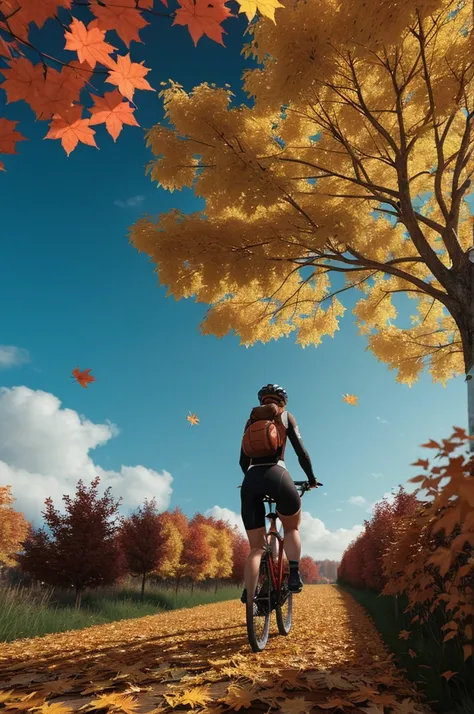 red yellow maple leaves in the air, blue sky, autumn leaves falling, cycling girl backview, surrounded by leaves floating in the...